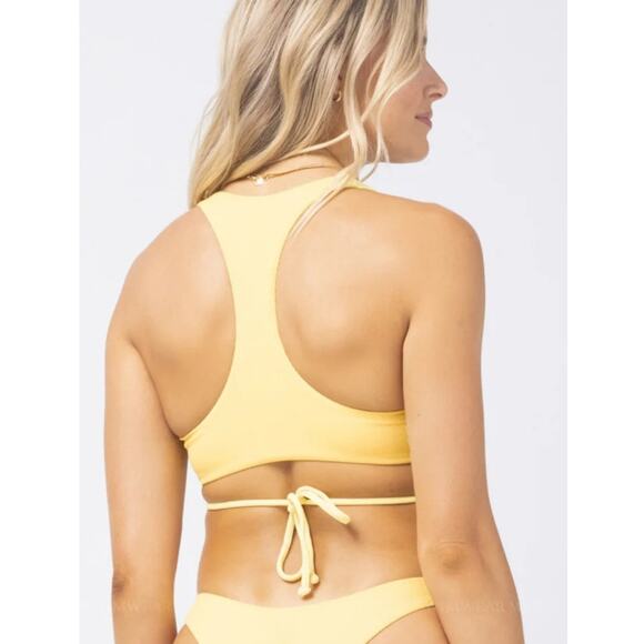 L*Space Dax Bikini Top in Yellow Ribbed Size Small Lace Up NWT - Picture 2 of 6